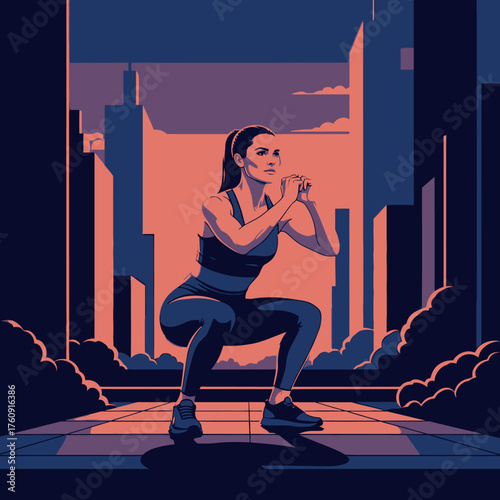 Woman Performing Squats in Urban Setting, Fitness and Exercise.