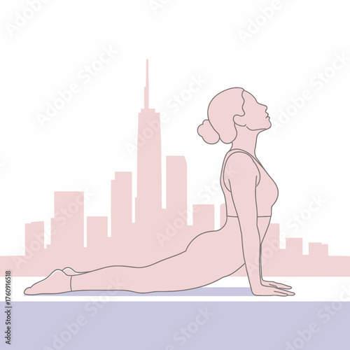 Elegant line art illustration of a woman practicing the upward facing dog yoga pose.
