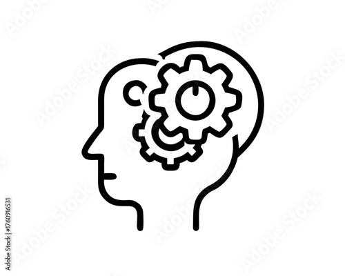 Line art illustration of a head with gears inside