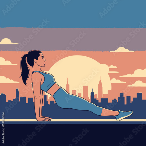 Woman Performing Reverse Plank Exercise with Cityscape Backdrop.
