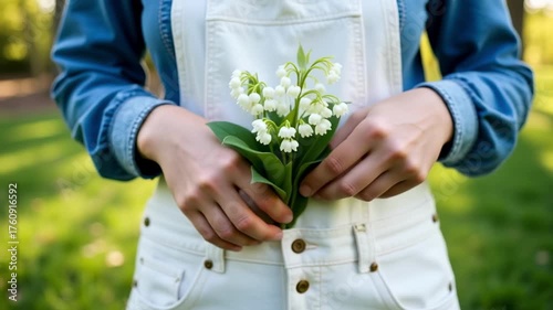 Lily of the valley flowers held by person in white overalls outdoors
