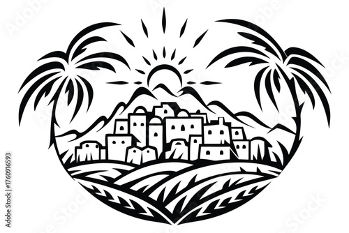 Black and white depicts village under rising sun between two palm trees