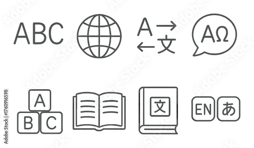 Language symbols and translation icons on gradient background