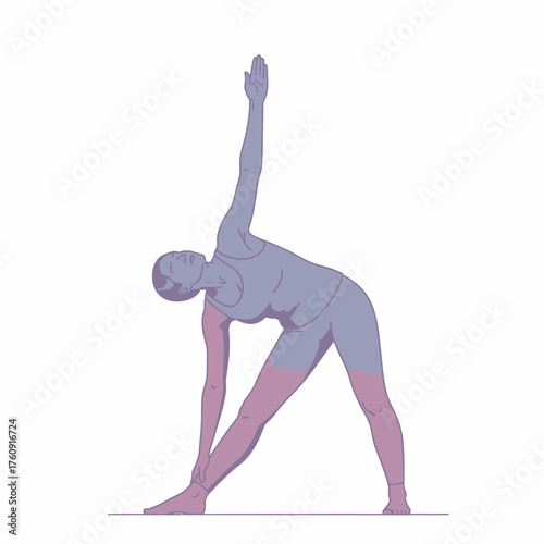 Woman practicing yoga triangle pose on white background.