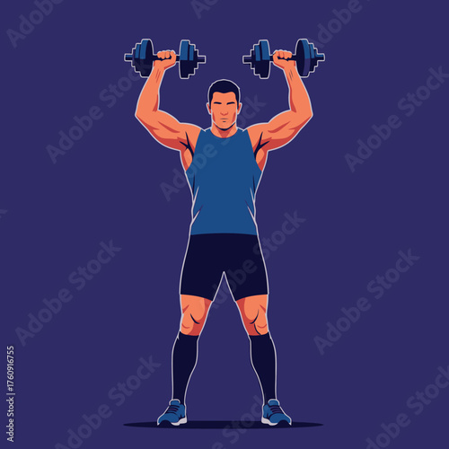 Muscular man performing dumbbell shoulder press exercise illustration.