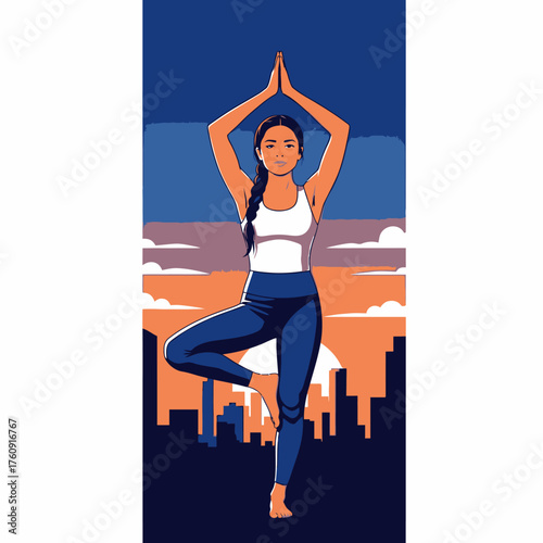 Young woman practicing yoga in tree pose, demonstrating balance and mindfulness.