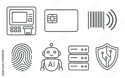 Digital payment icons: chip card, fingerprint, ai robot, cybersecurity, wireless technology