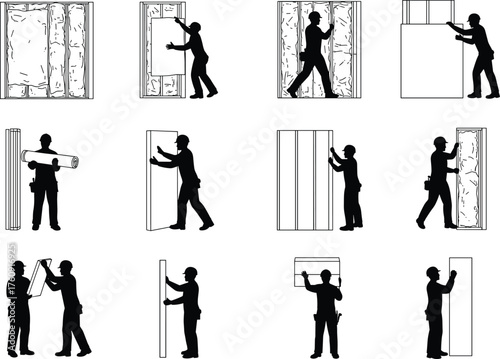 Drywall, Insulation, Construction, Workers, Silhouette, Panel, Wall, Framework, Installation, Measuring, Marking, Assembly, Manual, Labor, Renovation, Equipment, Technician, Home, Interior, Task