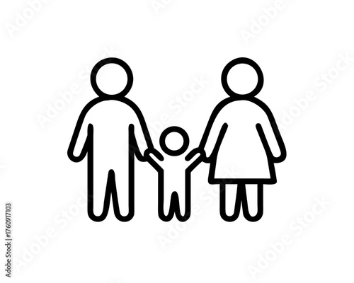 Family of three holding hands, simple line art