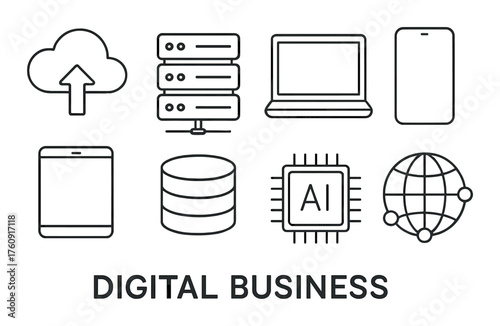 Digital business icons: cloud, server, laptop, smartphone, tablet, database, ai chip, globe
