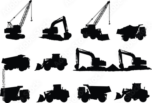 Excavator, Bulldozer, Dump, Truck, Crawler, Crane, Silhouette, Machinery, Construction, Vehicle, Boom, Bucket, Blade, Earthmoving, Infrastructure, Equipment, Site, Labor, Operation, Industrial