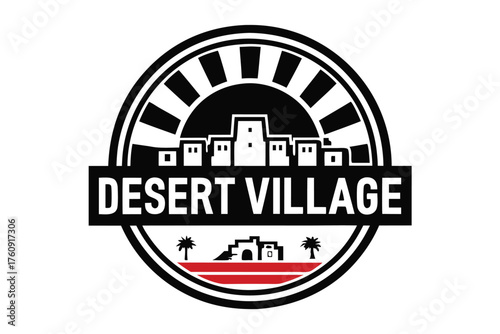 Black and white design features traditional desert architecture and two palm trees beneath typography