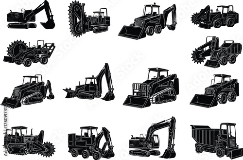 Excavator, Bulldozer, Trencher, Backhoe, Loader, Dump, Truck, Machinery, Silhouette, Construction, Equipment, Industrial, Vehicle, Earthmoving, Tracks, Wheels, Bucket, Arm, Site, Operation