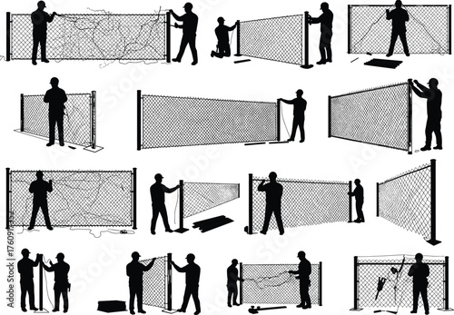Fence Installation Worker Chainlink Mesh Wire Post Tools Pliers Hammer Construction Labor Structure Assembly Alignment Securing Building Project Process