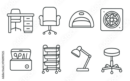 Outline icons of office furniture and equipment on gray background