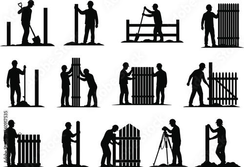 Fence, Construction, Installation, Workers, Silhouette, Structure, Post, Rail, Slat, Gate, Tools, Manual, Labor, Site, Assembly, Measurement, Digging, Inspection, Technician, Framework