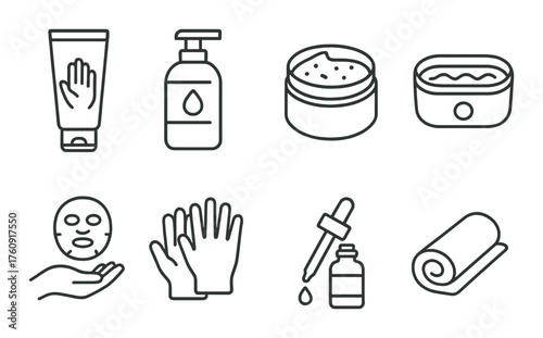 Skincare outline icons: tube, pump, jar, basin, face mask, gloves, dropper, towel