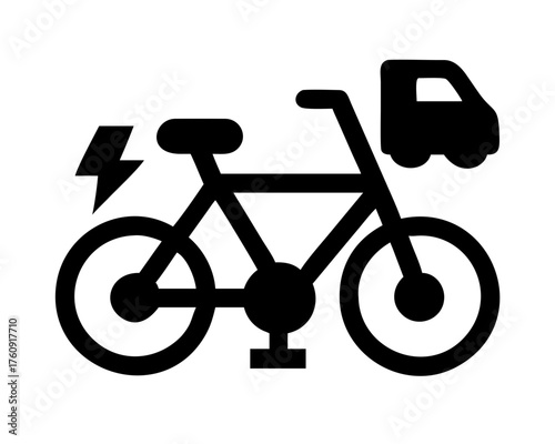 Black icon of an electric bicycle with a delivery truck