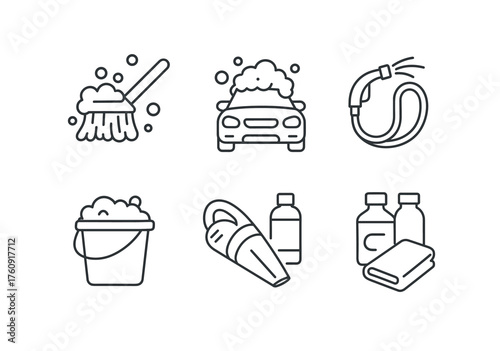 Car cleaning tools icons: mop, bucket, vacuum, hose, bottles, cloth