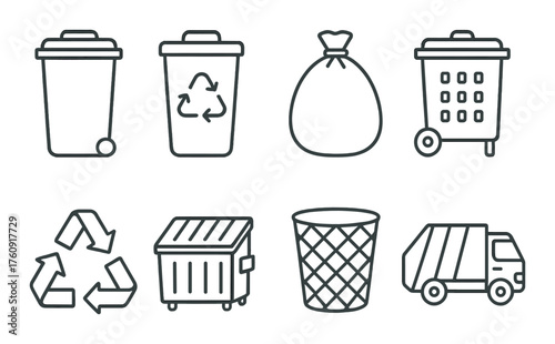 Recycling and waste management icons featuring bins, bags, and garbage truck