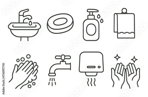 Hand hygiene icons: soap, sink, towel, hand drying, clean hands symbols