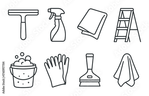 Set of cleaning tools icons: squeegee, spray bottle, cloth, ladder, bucket, gloves, scraper, towel