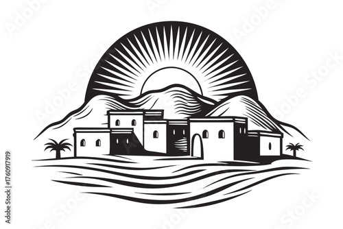 Black and white illustration shows an ancient middle eastern village under a rising sun