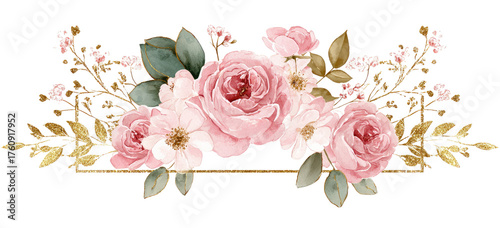 Delicate floral arrangement with pastel pinks and gold accents.  A decorative, ornate border of roses, leaves, and small blossoms in soft pinks, whites, and golds. 
