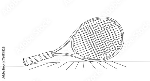 Tennis racket on wooden floor in minimalist line art – symbol of sport and discipline