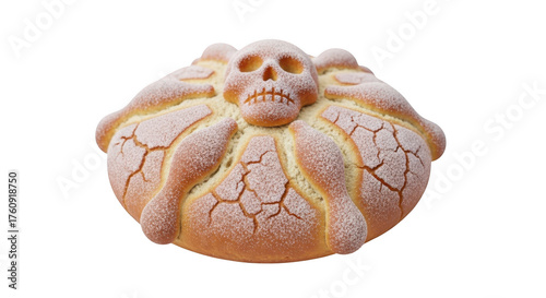 Pan de muerto bread shaped like a skull, isolated on transparent background