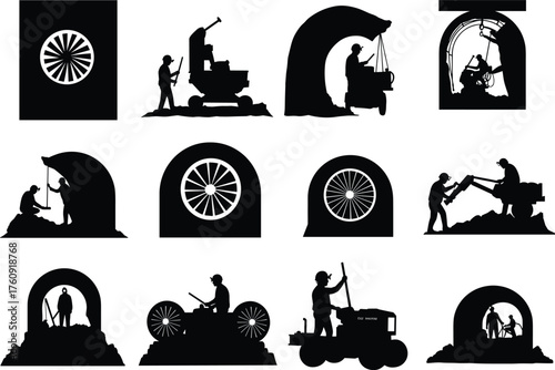 Mining, Tunnel, Construction, Workers, Silhouette, Machinery, Excavation, Infrastructure, Ventilation, Jackhammer, Platform, Equipment, Operation, 