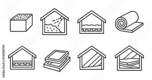 Icons of various home insulation types on metallic background