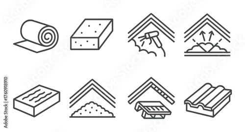 Vector icons of roofing and insulation materials on grayscale background