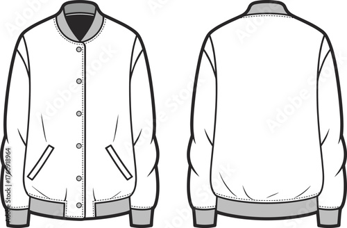 Bomber jacket flat fashion vector template, unisex varsity outerwear front and back technical drawing, casual button jacket illustration design
