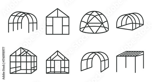 Set of eight greenhouse frame designs on gradient background