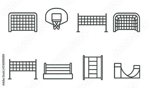 Outline of sports equipment and playground structures on dark background
