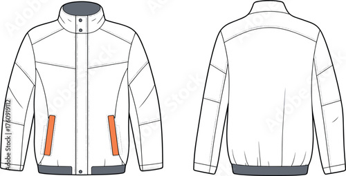 Modern winter padded jacket flat sketch front and back view, white fashion outerwear vector design, stylish warm coat template