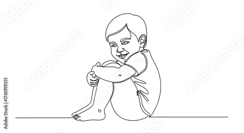 Toddler hugging knees with smile in minimalist line art – symbol of innocence and joy