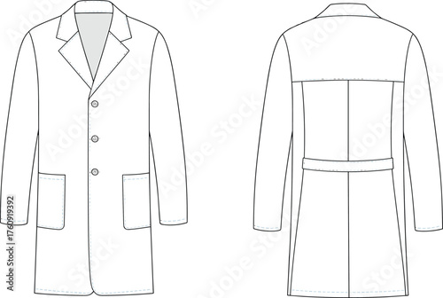 Long coat flat sketch front and back view, trench coat CAD drawing, fashion technical vector illustration for apparel design template
