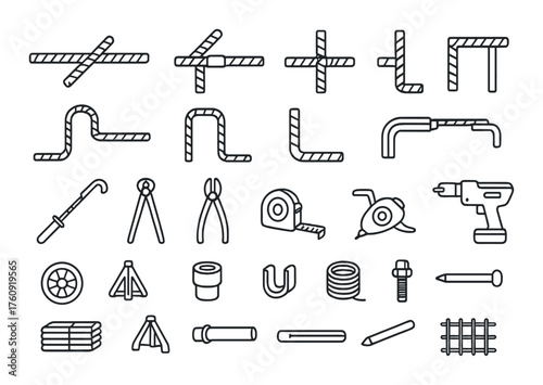 Assorted construction tools and reinforcement steel bar icons on gray background