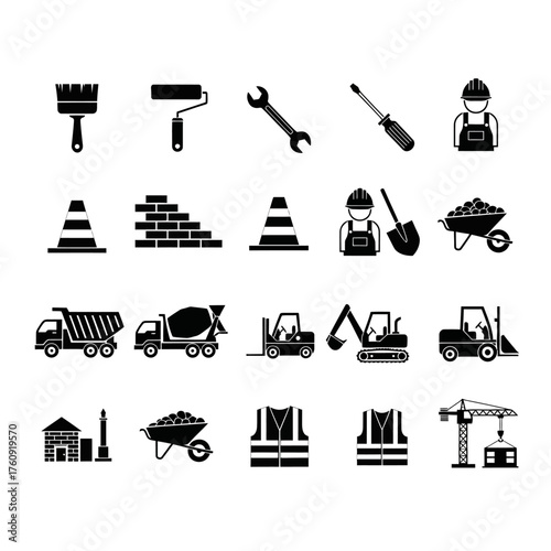 A collection of black and white construction, tools, and heavy equipment icons. Vector icon set. Isolated on a white background.