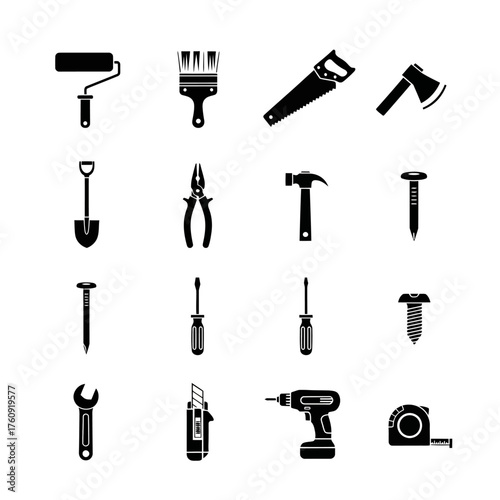 Set of black tool icons including hammer, wrench, drill, saw, pliers, and screwdriver. Perfect for construction, DIY, mechanic, and engineering design projects. Vector silhouette collection.