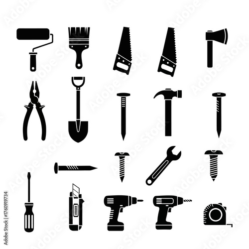 Set of black tool icons including hammer, wrench, drill, saw, pliers, and screwdriver. Perfect for construction, DIY, mechanic, and engineering design projects. Vector silhouette collection.