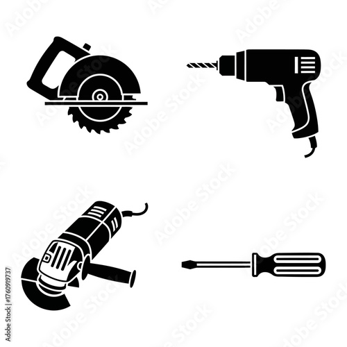 A set of black and white tool, cutter, and drill icons. Vector icon set. Isolated on a white background.