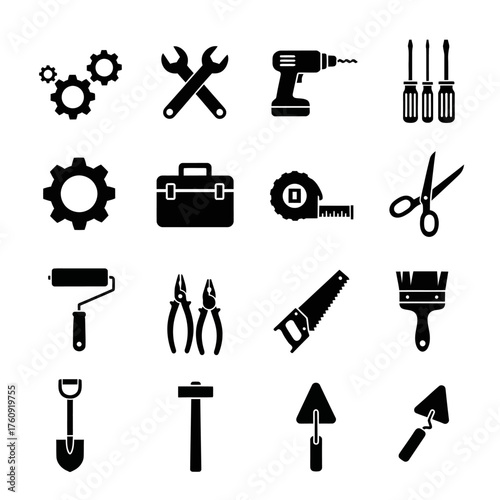 A series of black and white wrench tool icons. Vector icon set. Isolated on a white background.