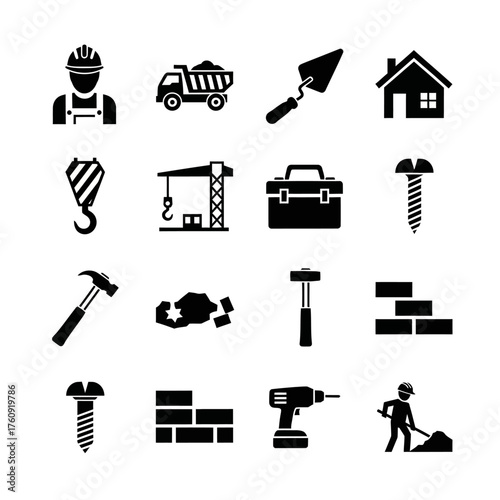 A collection of black and white construction, tools, and heavy equipment icons. Vector icon set. Isolated on a white background.