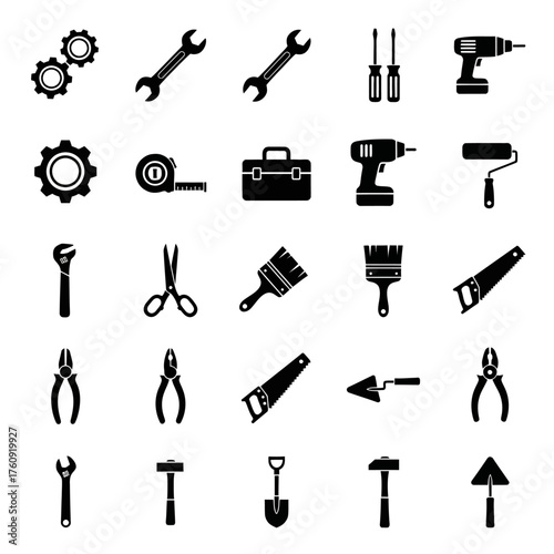 A series of black and white wrench tool icons. Vector icon set. Isolated on a white background.