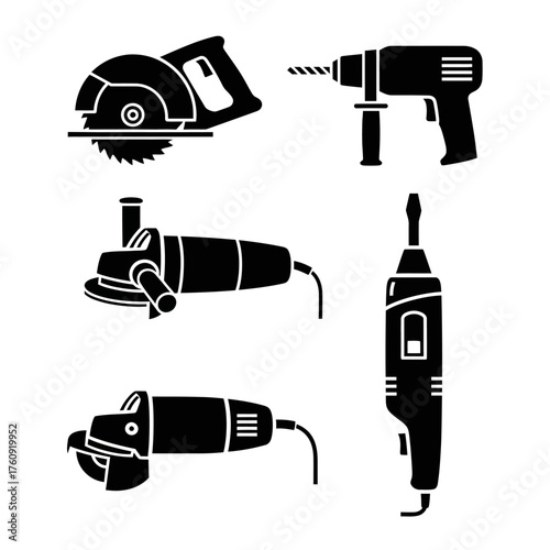 A set of black and white tool, cutter, and drill icons. Vector icon set. Isolated on a white background.