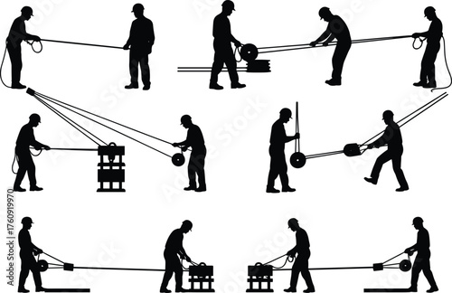 Pulley Rope Worker Labor Effort Load Lift Hoist Crate Spool Force Balance Tension Motion Physics Mechanics Manual Industrial Tool System