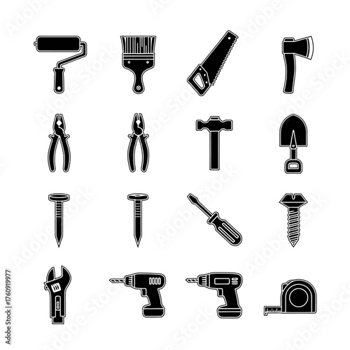 Set of black tool icons including hammer, wrench, drill, saw, pliers, and screwdriver. Perfect for construction, DIY, mechanic, and engineering design projects. Vector silhouette collection.